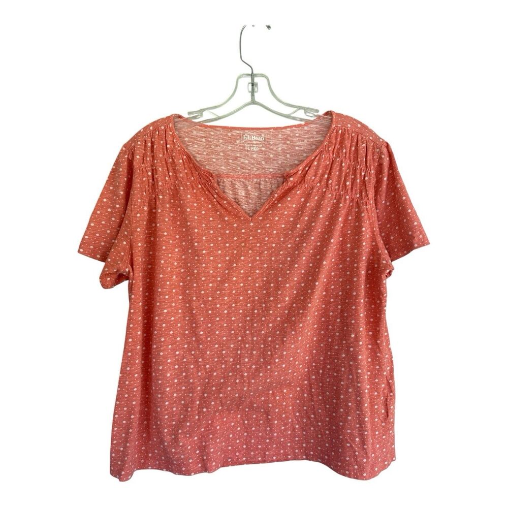 L.L Bean Peach White stars & Dots Flutter Sleeve Top Womens Large Organic Cotton